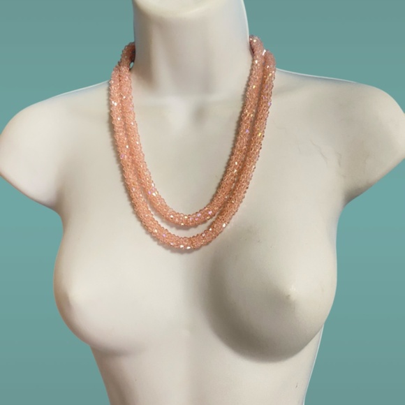 Glass Pink Faceted Twisted Beads Long Necklace Over-The-Head Style Heavy Chunky - Picture 8 of 11